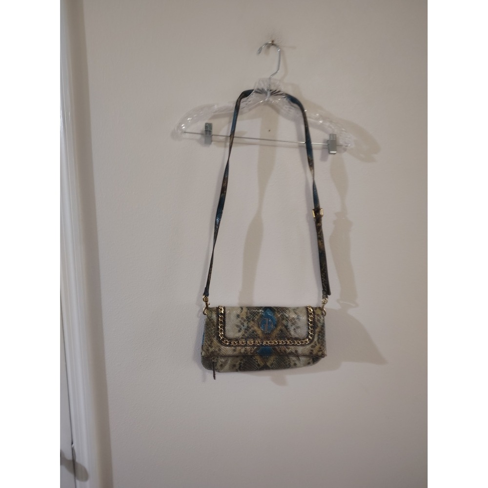 GB‎ Gianni Bini Snakeskin Embossed Crossbody Bag Blue Brown Gold Chain Accent